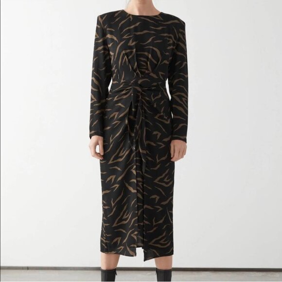 & Other Stories Long Sleeve Midi Animal Print Dress with Waist Tie -Size 2- NWT - Picture 4 of 8
